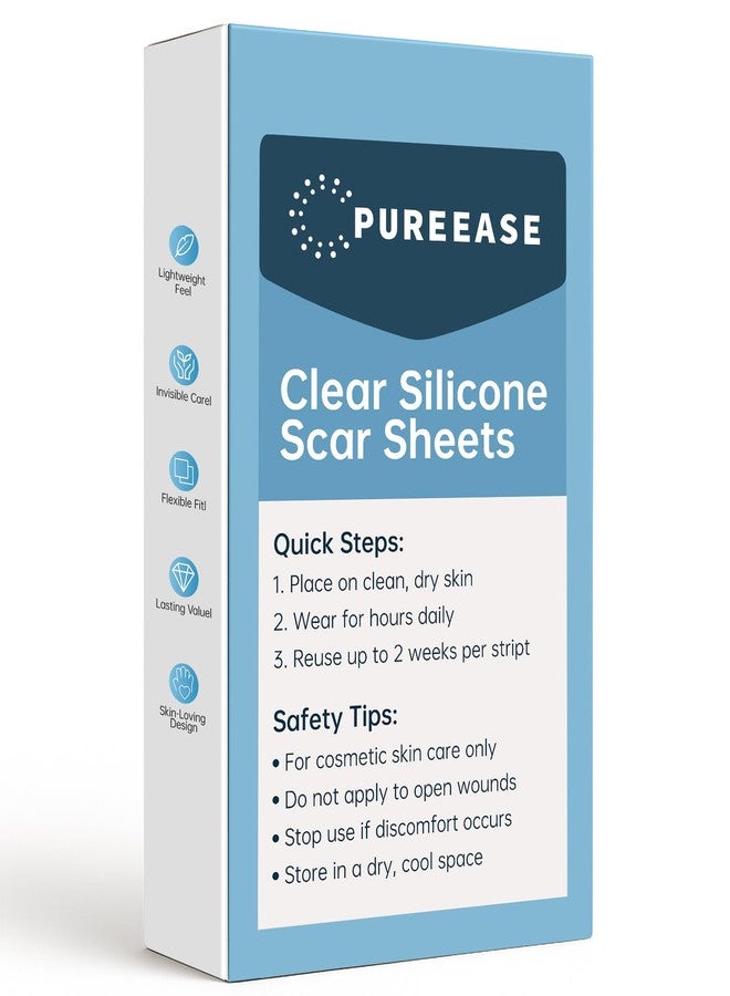 PUREEASE Silicone Scar Sheets – Reusable Medical-Grade Silicone Gel Strips for Body & Face – Soft, Invisible & Flexible – 1.4 x 4.3 in – 6 Clear Patches for Old & New Scars – Smoother Skin Appearance - Image 2